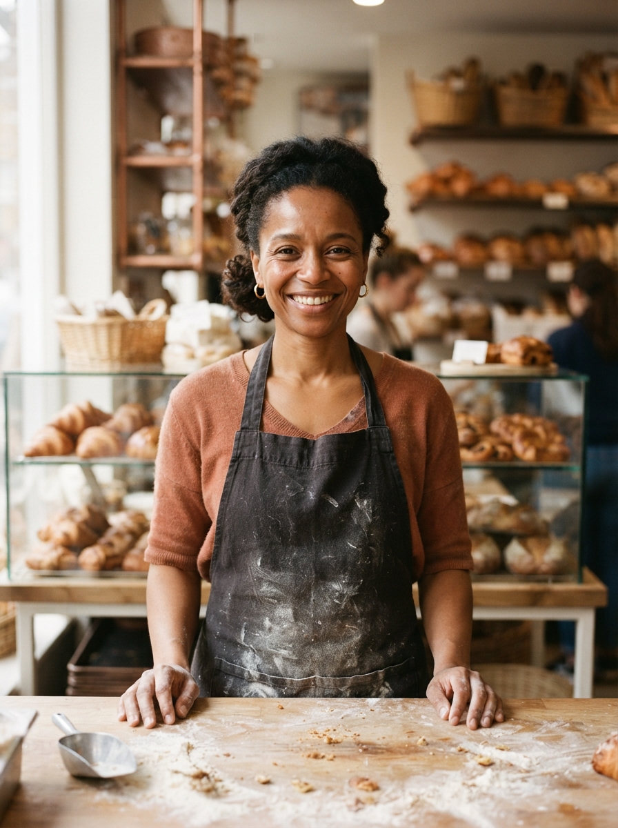 Beatrice “Bean” Okonkwo, co-founder and pastry baker at Rosie & Bean, smiling at the counter