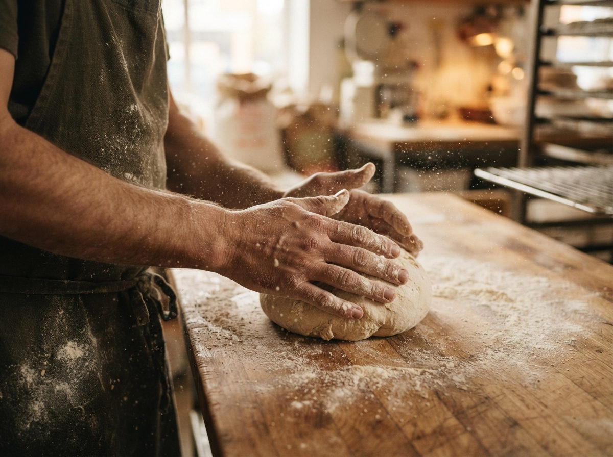 Flour-dusted hands shaping a round of sourdough dough on a wooden bench