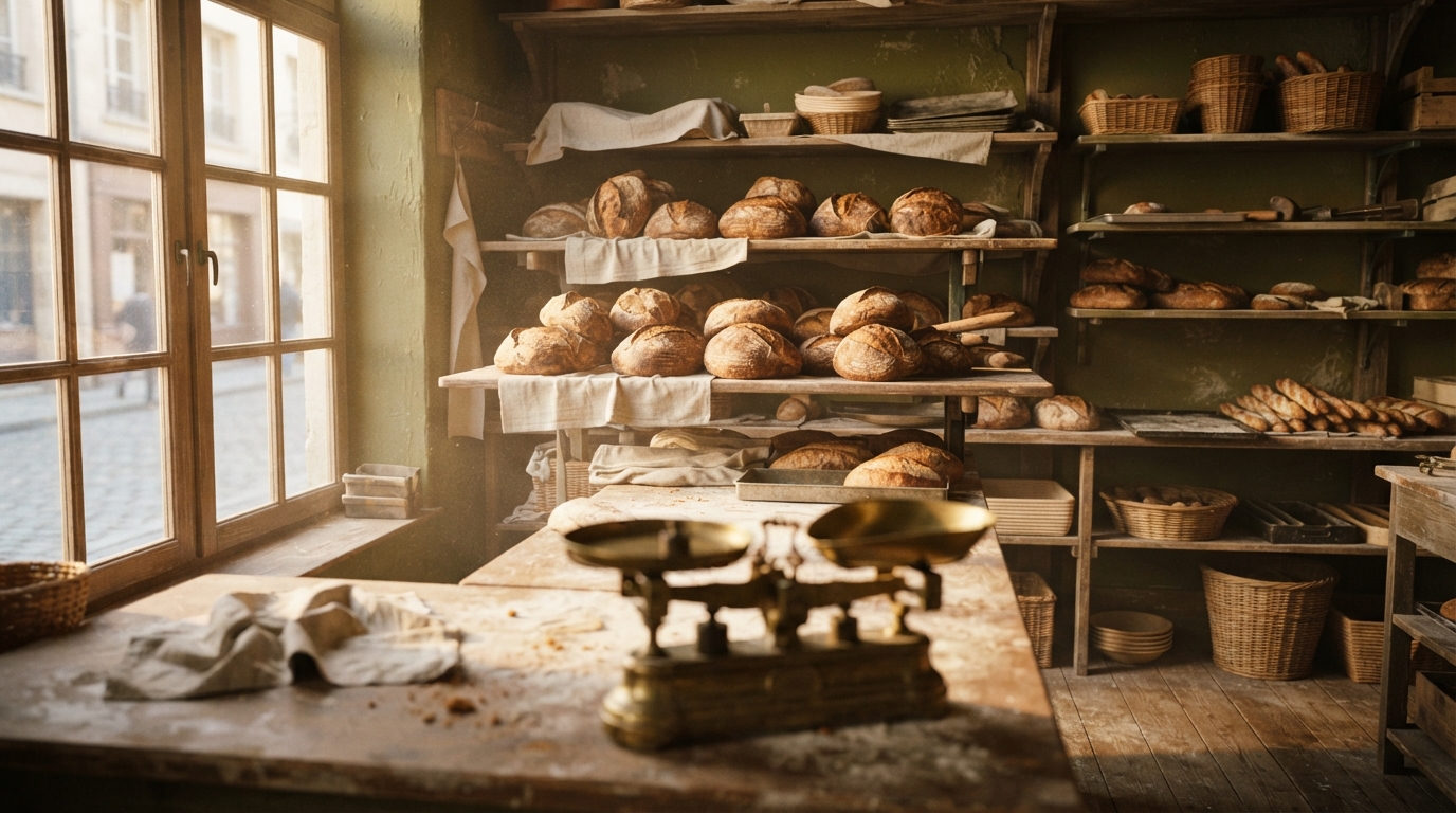 Morning light in the Rosie & Bean bakery, shelves lined with fresh sourdough loaves