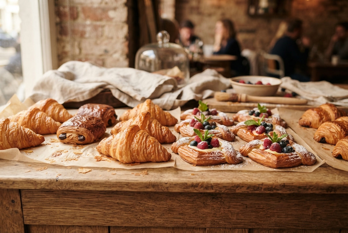 Fresh croissants, pain au chocolat, and berry pastries on a wooden counter
