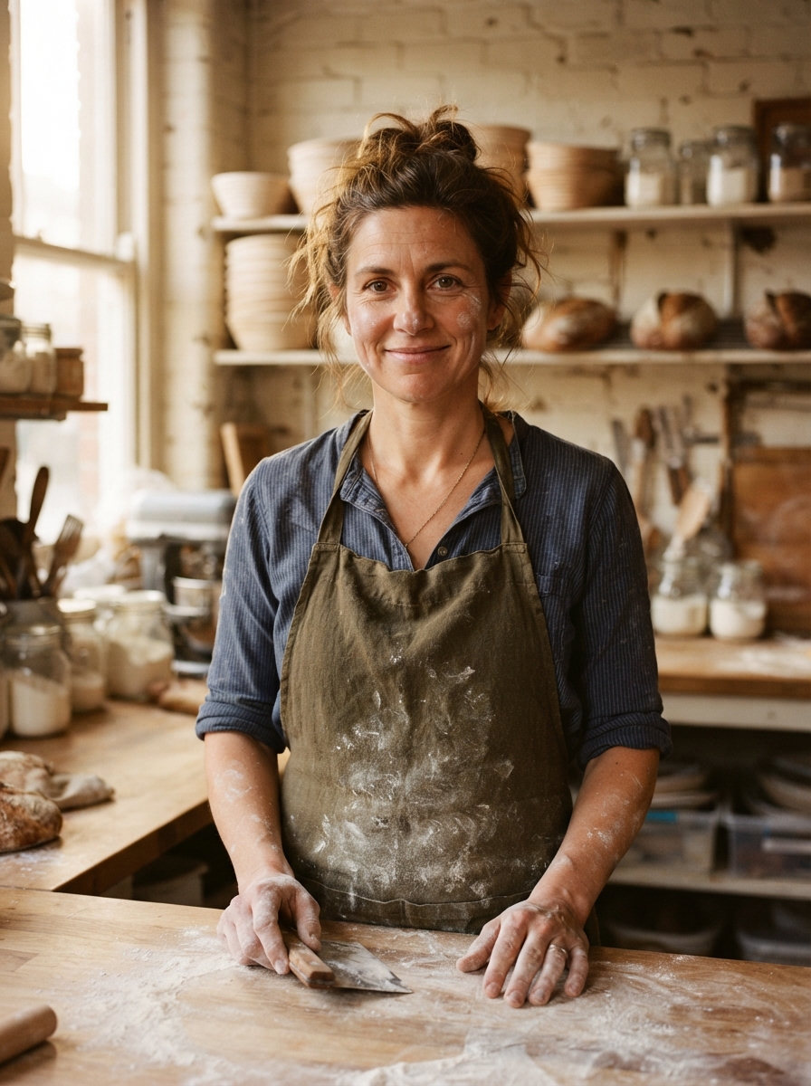 Rosie Hale, head baker at Rosie & Bean, smiling at her flour-dusted workbench