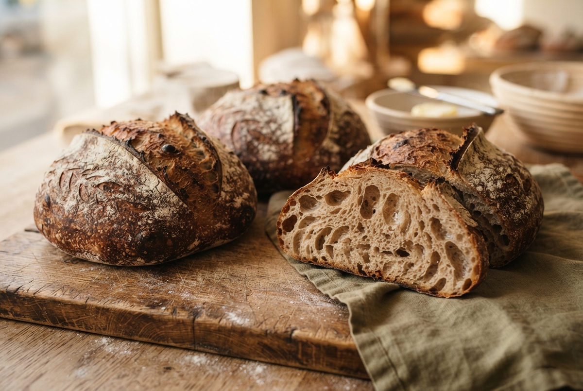 Three country sourdough loaves on a wooden board, one sliced to show an open crumb