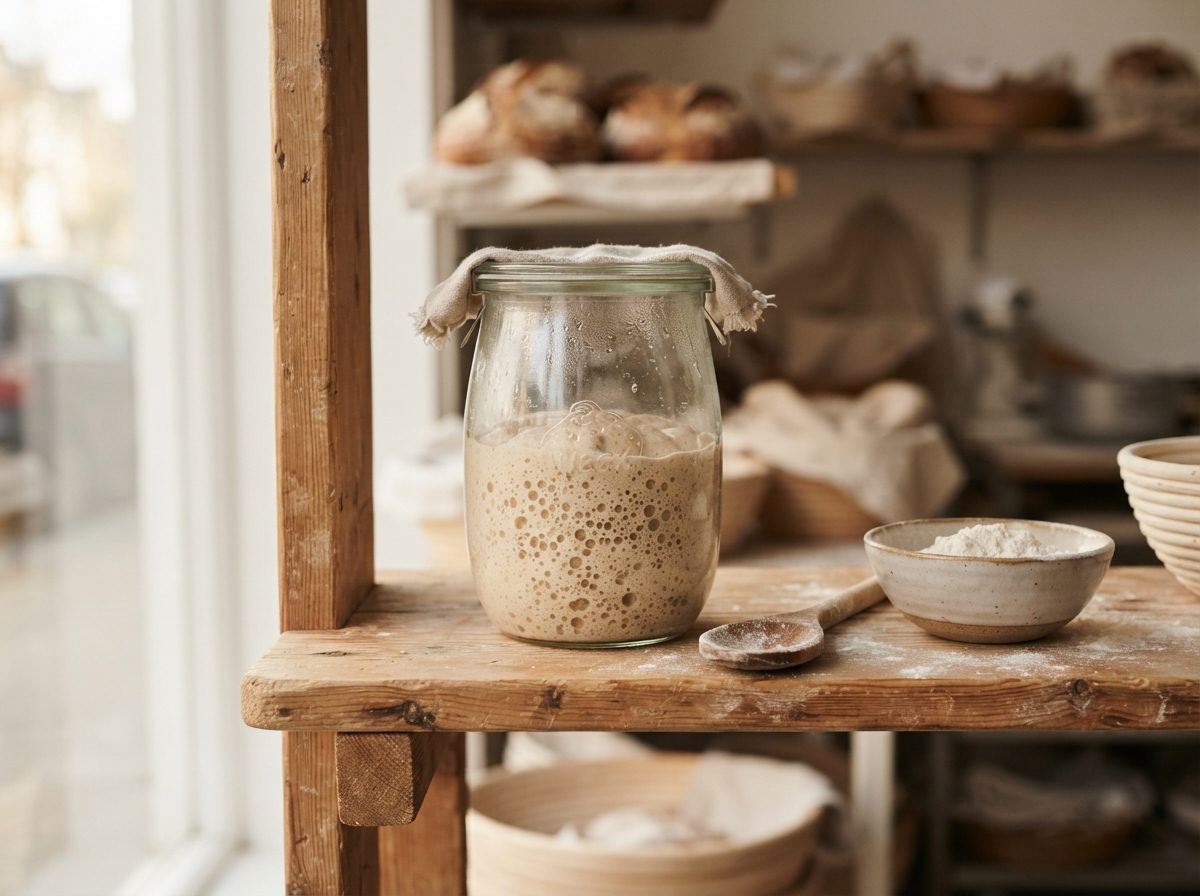 Glass jar of bubbly sourdough starter on a wooden bakery shelf