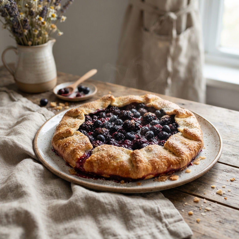 Rustic blueberry and blackberry galette on a speckled plate