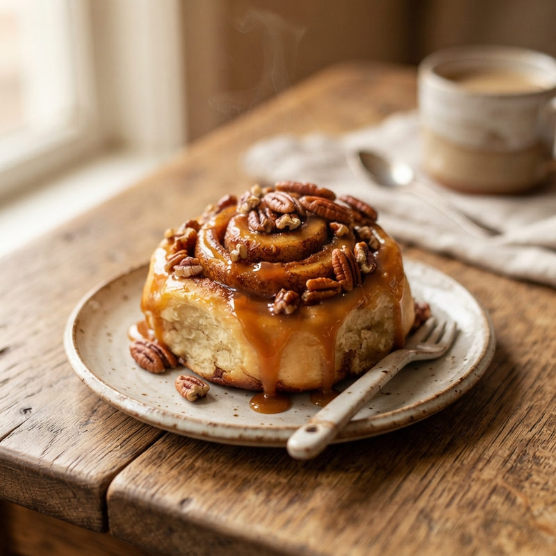 Pecan sticky cinnamon roll with caramel glaze on a ceramic plate