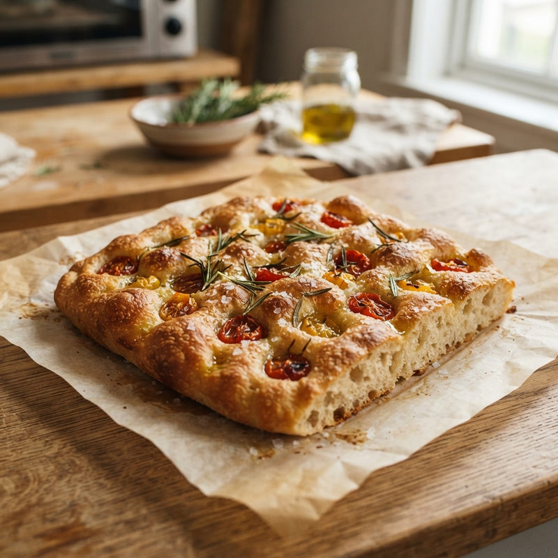 Rosemary and cherry tomato focaccia on parchment