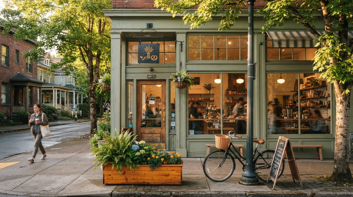 Sage-green bakery storefront on a tree-lined Portland street with a bicycle and flower planter